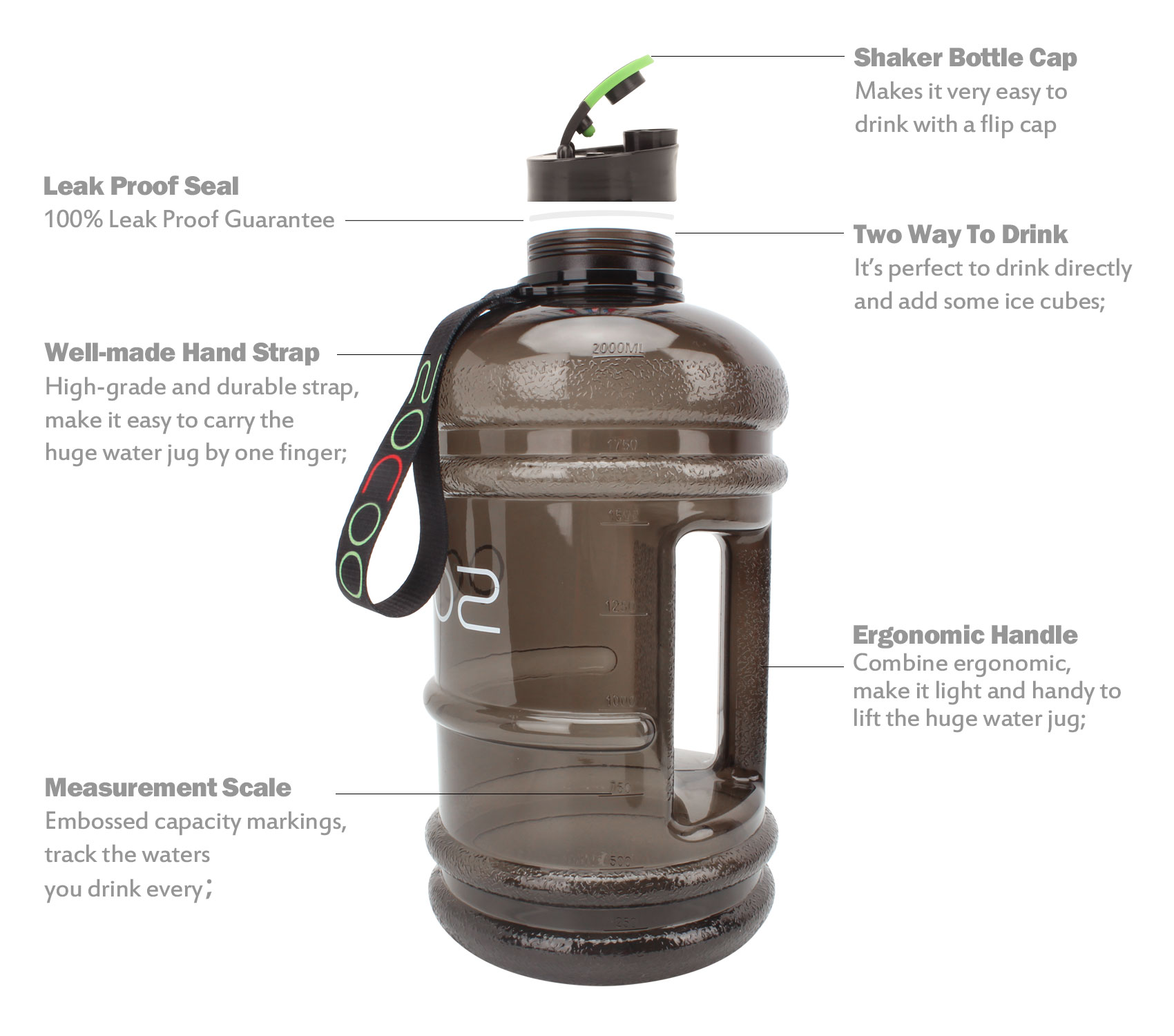 2.2l large capacity water bottle shaker